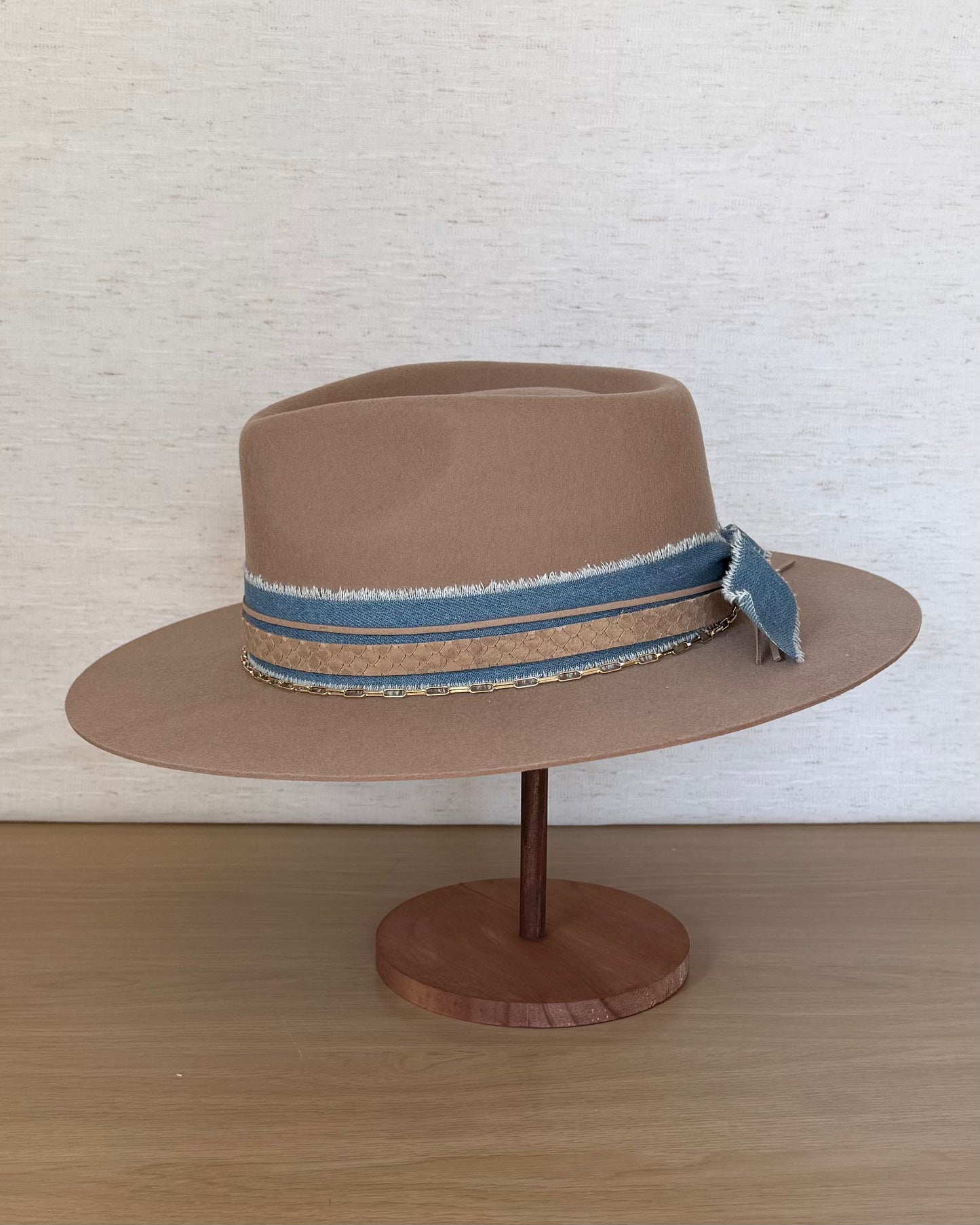 The Caramel Rancher — Wool Stiff Brim with Denim & Suede Band (57cm)