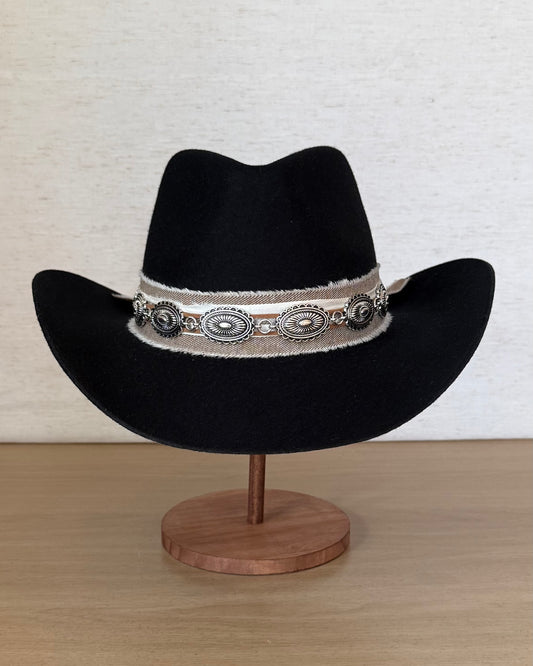 The Black Onyx — Wool Teardrop Crown with Silver Concho Band (57cm)