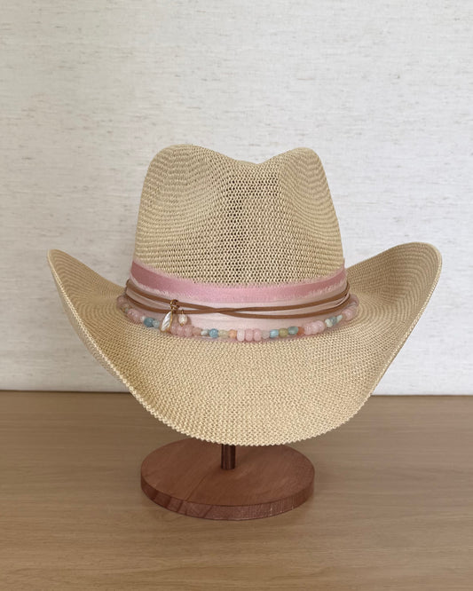 The Poolside Darling — Straw Hat with Beaded Gemstone Band (OS)