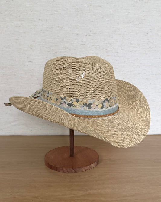 The Farmers Market Darling — Straw Hat with Floral Band & Butterfly Pins (OS)